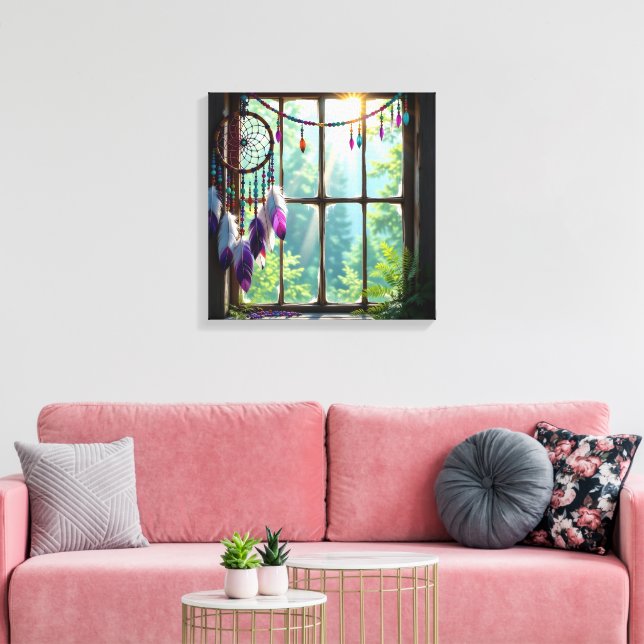 Vacker Boho Lila Drömfångare i Fönster   Canvastryck (Insitu (Vardagsrum))