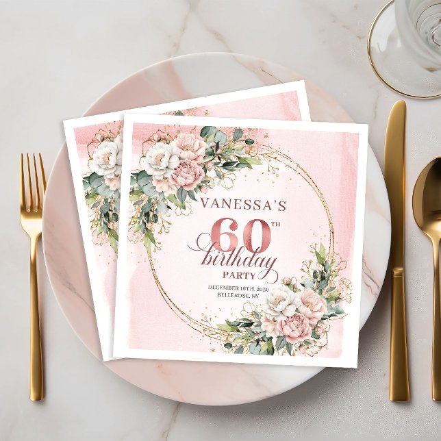 Vacker Boho Ljus Rosa Blommig 60-årsdagsservett Pappersservett (Pretty Boho Light Pink Floral 60th Birthday Napkins)