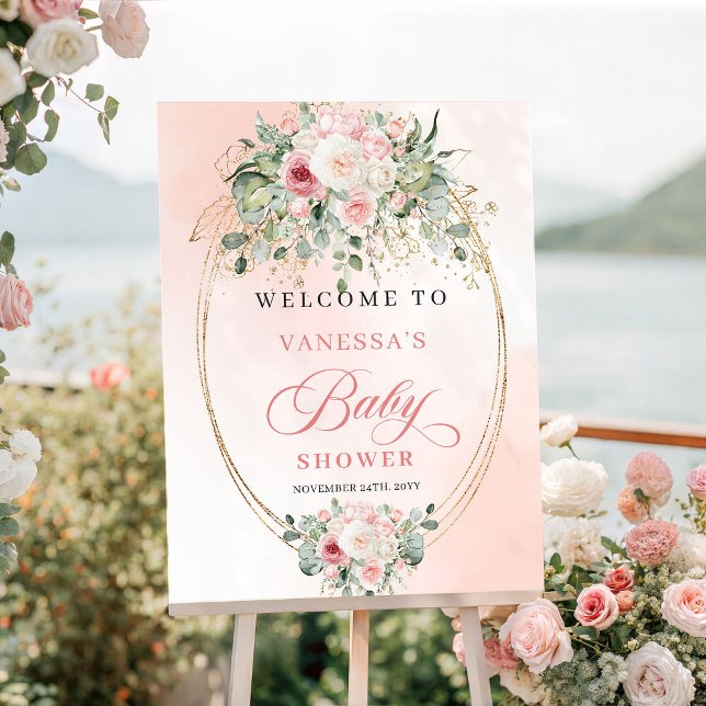 Vacker Boho Rosafärgade Rosor Baby Shower Välkomst Poster (Pretty Boho Blush Roses Baby Shower Welcome Sign Art

)