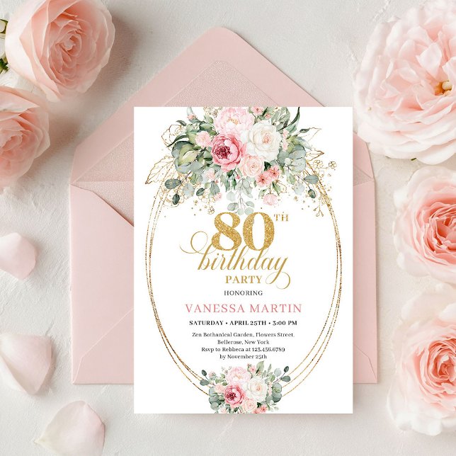Vacker Boho Rosé 80-års Födelsedagsinbjudan  Inbjudningar (Pretty Boho Blush Roses 80th Birthday Invitation Art

)