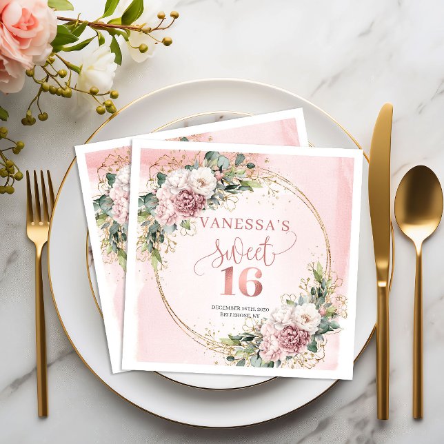 Vacker Boho-rosé Eukalyptus Sweet Sixteen   Pappersservett (Lovely Boho Blush Pink Eucalyptus Sweet Sixteen Napkins)