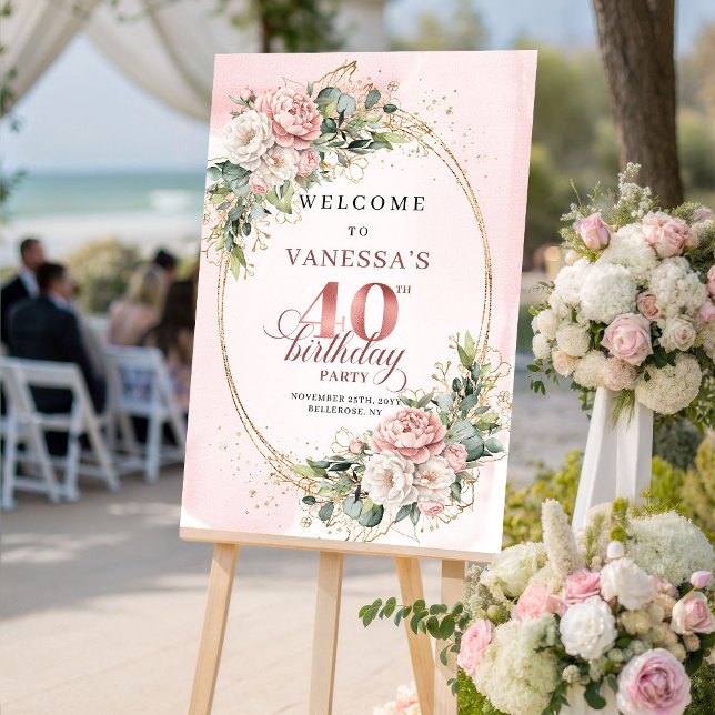 Vacker Boho Rose Guld Blommig 40-års Födelsedags V Poster (Pretty Boho Rose Gold Floral 40th Birthday Welcome)