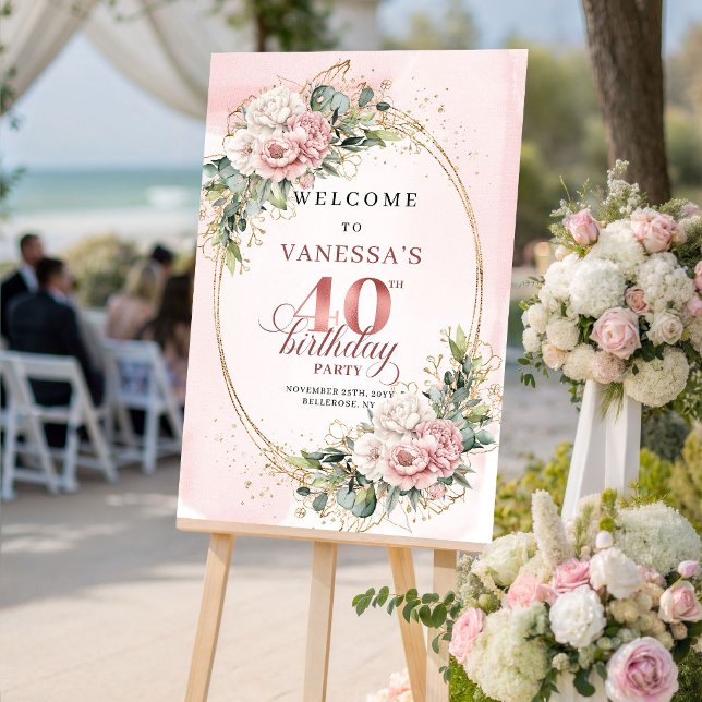 Vacker Boho Roséguld Eukalyptus 40-årsfirande  Poster (Lovely Boho Rose Gold Eucalyptus 40th Birthday Welcome)