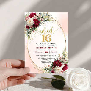 Vacker boho vinröd guldblommig sweet sixteen inbjudningar