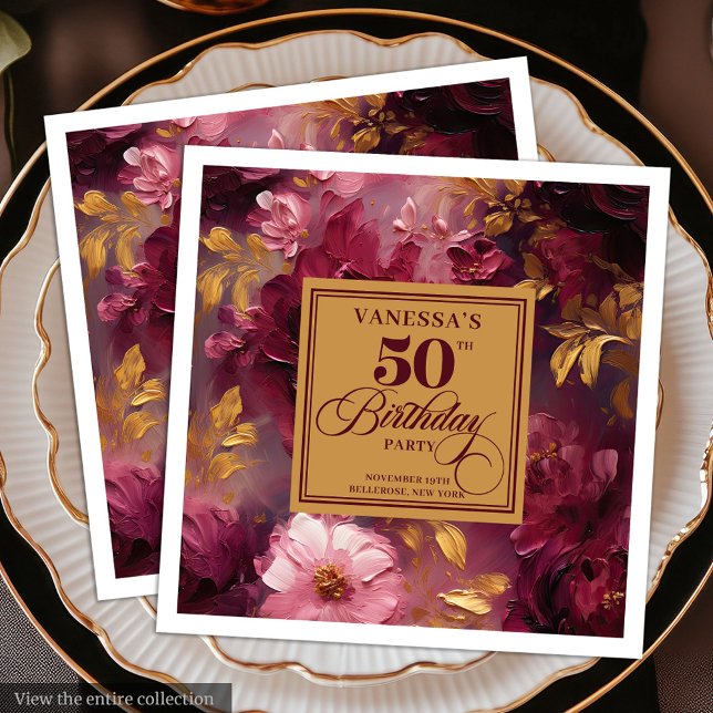 Vacker Boho vinröd roséguld 50-års födelsedags ser Pappersservett (Lovely Boho Maroon Blush Gold 50th Birthday Napkin)
