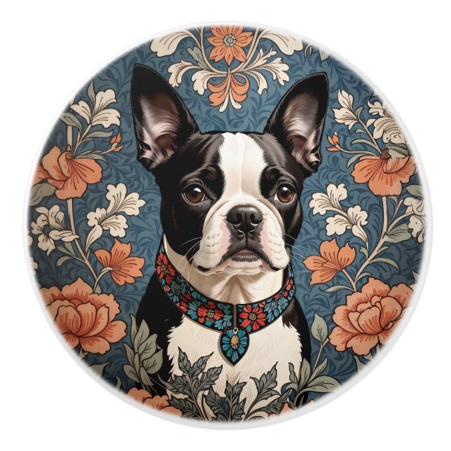 Vacker Boston Terrier William Morris Inspirerad Knopp (Framsidan)