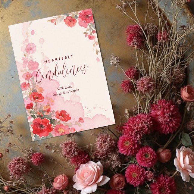 Vacker botanisk färgstark mjuk röd nyans sympati (Lovely Spring Botanical Colorful Soft Red Shades Sympathy Card Design. )