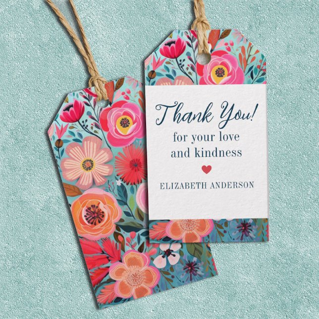 Vacker botanisk flickaktig blomstergodis tack presentetikett (A bright colorful floral Thank you gift tag. Great for thanking wedding or bridal shower guests.)
