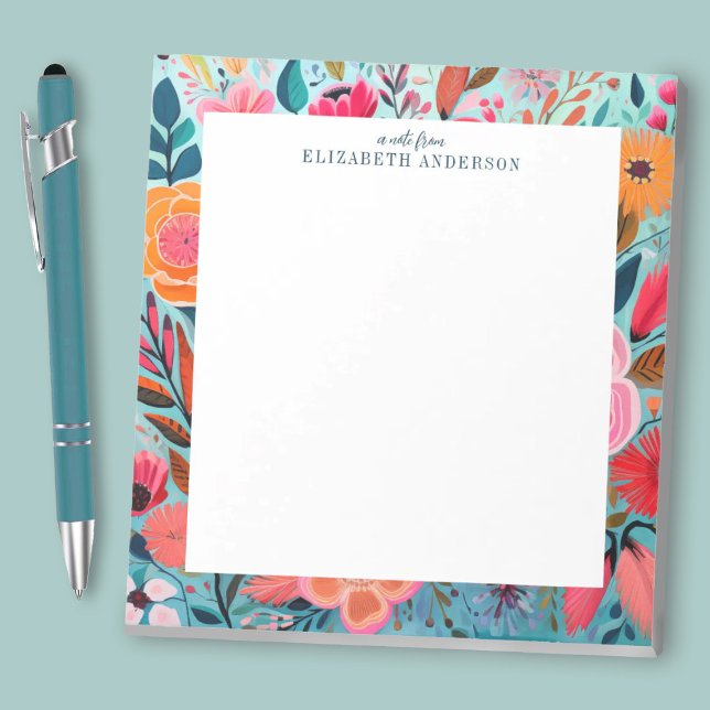 Vacker botanisk flickig blommig anteckningsblock (A pretty colorful floral notepad. A stylish office accessory. Personalize it with your name.)