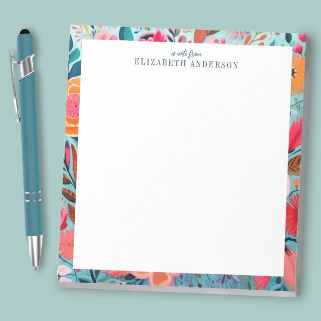 Vacker botanisk flickig blomsterram anteckningsblock (A pretty custom notepad with a bright colorful floral border. Personalize it with your name.)