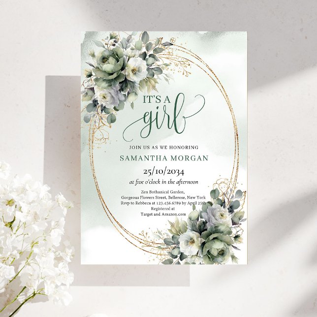 Vacker botanisk grön 'It's a Girl' inbjudan (Precious Joy Botanical Green It's a Girl Invite)