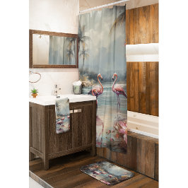 vacker botanisk målning av flamingor i vintage badrumsmatta