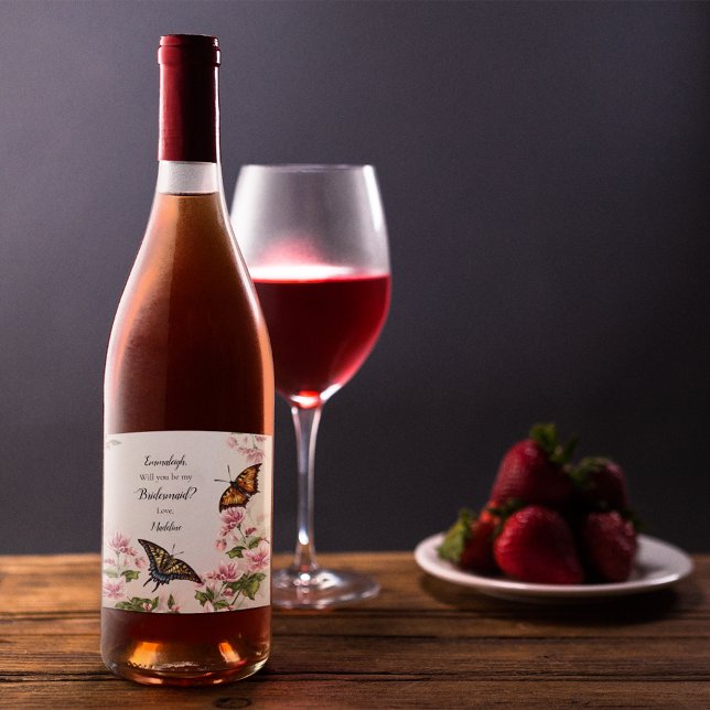 Vacker Bridesmaid Frieri Blommigt Butterflies Vinflaska Etikett (Skapare uppladdad)