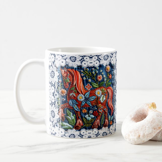 Vacker Broderad Häst Kaffemugg (Med munk)