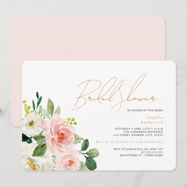 Vacker Bröllopsdusch med Blommotiv Inbjudningar (Fram/baksida)