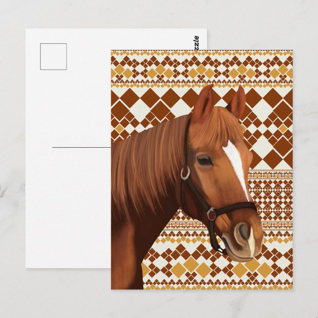 Vacker Brown Horse på Earthy Geometric Mönster Vykort (Fram/baksida)