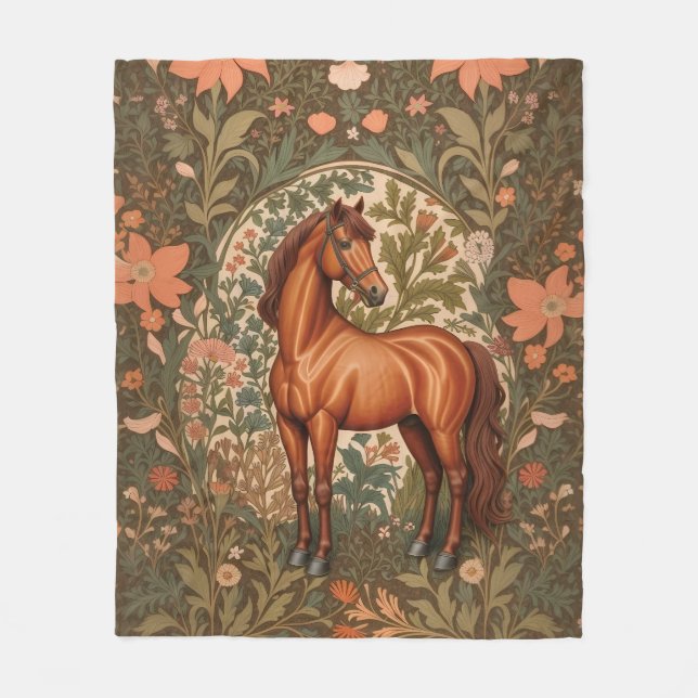 Vacker brun häst inspirerad av William Morris  Fleecefilt (Framsidan)