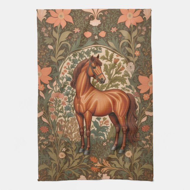 Vacker brun häst inspirerad av William Morris Kökshandduk (Vertikal)