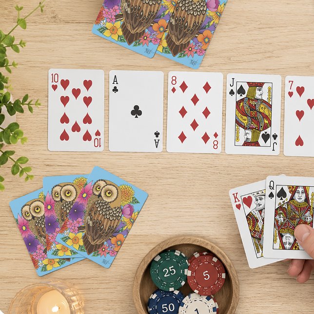 Vacker Brun Uggla Färgrik Blombukett Casinokort (Skapare uppladdad)