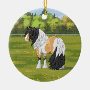 Vacker Buckskin Pinto Gypsy Vanner Draft Horse Julgransprydnad Keramik