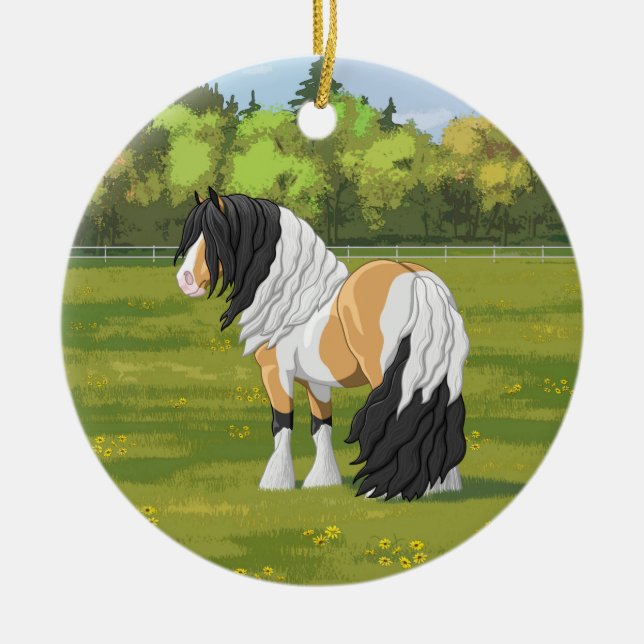 Vacker Buckskin Pinto Gypsy Vanner Draft Horse Julgransprydnad Keramik (Framsidan)