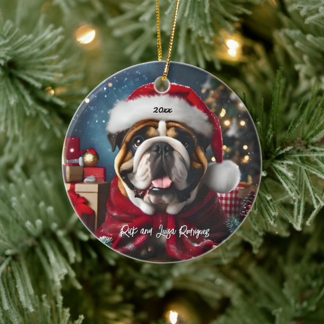 Vacker Bulldog med Santa hatt Julgransprydnad Keramik (Träd)