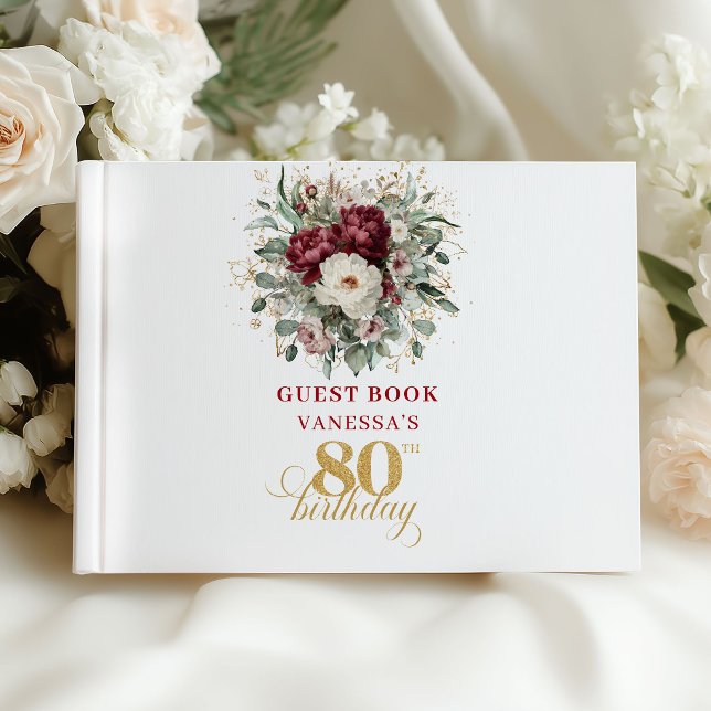 Vacker burgundisk blomster-gästbok för 80-årsfiran gästböcker (Beautiful Burgundy Floral 80th Birthday Guest Book)