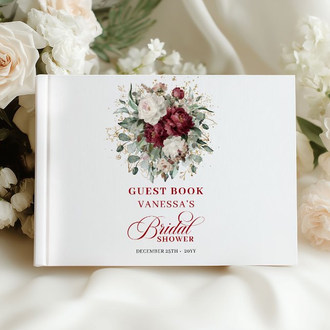Vacker burgundisk blomsterbröllopsfest gästbok (Beautiful Burgundy Floral Bridal Shower Guest Book)