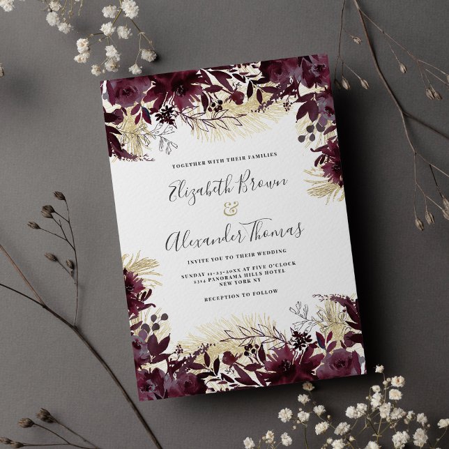 Vacker burgundy guld glitter blommigt bröllop inbjudningar (Beautiful burgundy gold glitter floral wedding invitation )