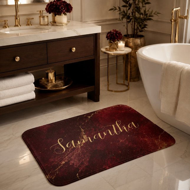 Vacker Burgundy Marmor Guld Skrift  Badrumsmatta (Skapare uppladdad)