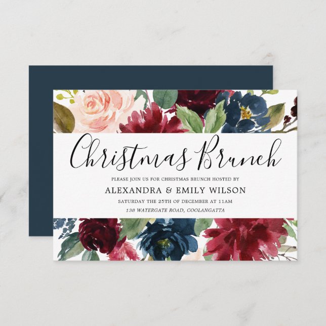 Vacker Burgundy Red Blommigt Julbrüch Inbjudningar (Fram/baksida)