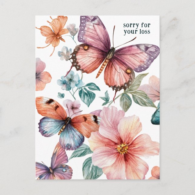 Vacker Butterflies and Flowers SORRY FOR LOSS Vykort (Framsida)