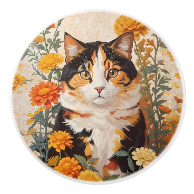 Vacker Calico Katt Med Marigoldblommor Knopp (Framsidan)