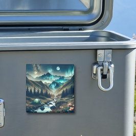 Vacker campingscen med berg och Tält Magnet