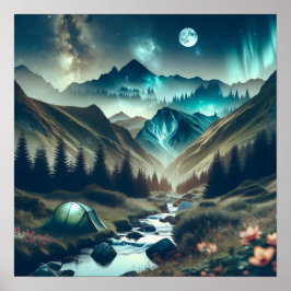 Vacker campingscen med berg och Tält Poster