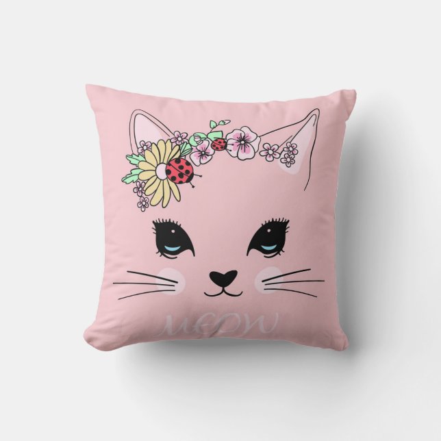 Vacker Cat Ansikte Meow Rosa Cute Kitten Funny Cat Kudde (Framsida)