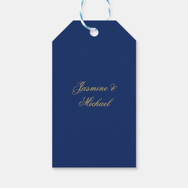 Vacker Chic Kalligrafi Par Namn Blå & Guld Presentetikett (Framsidan)