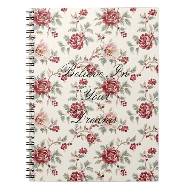 Vacker Chic Röd Kräm Blommig  Anteckningsbok (Framsidan)