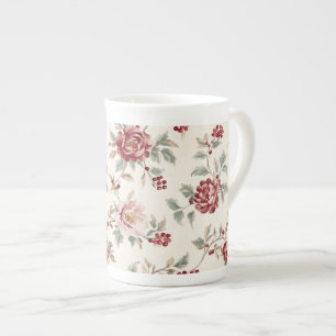 Vacker Chic Röd Kräm Blommig Benporslin Mugg