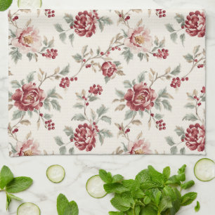 Vacker Chic Röd Kräm Blommig Bröllop Kökshandduk