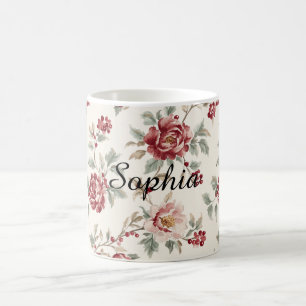 Vacker Chic Röd Kräm Blommig Kaffemugg