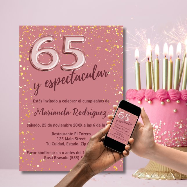 Vacker Chic Rosa Guld 65-årsdag Spansk Inbjudningar (Skapare uppladdad)