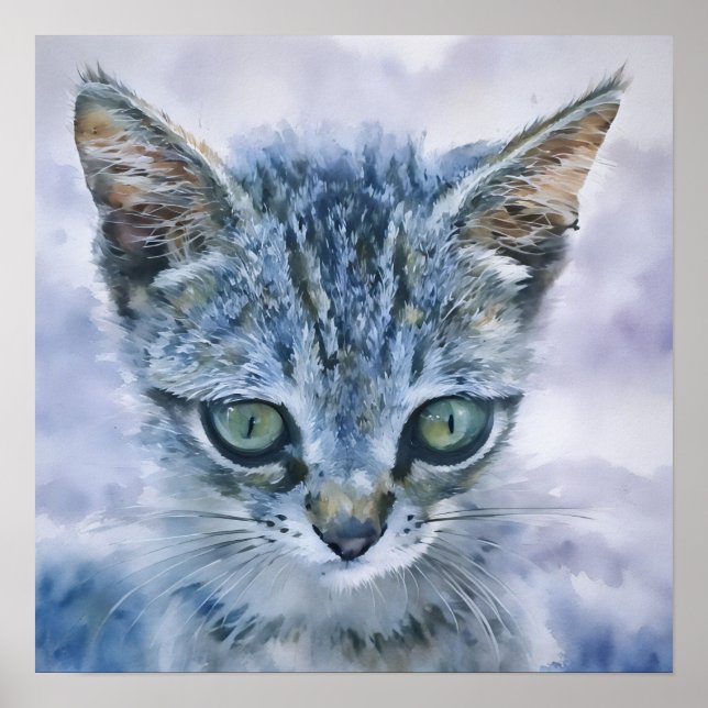 Vacker Cute Grått Tabby Kitten Watercolor Art Poster (Framsidan)