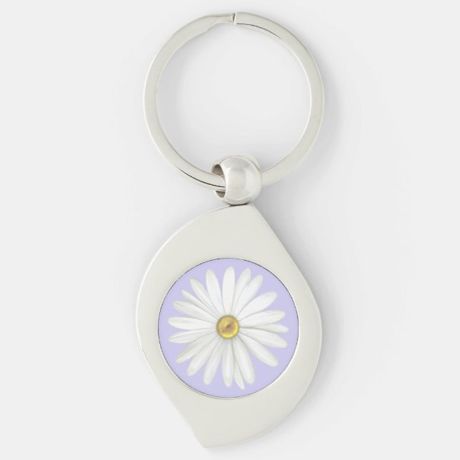 Vacker Daisy blomma på lätt periwinkle Swirl Silverfärgad Nyckelring (Framsidan)