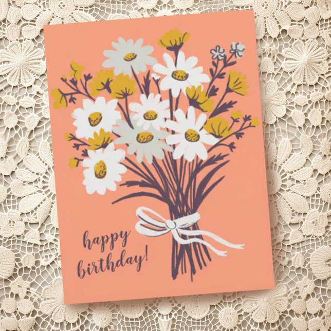 Vacker Daisy Bukett ANPASSAD Glad Födelsedag Vykort (Happy birthday postcard with hand drawn floral bouquet, customize with your own text)