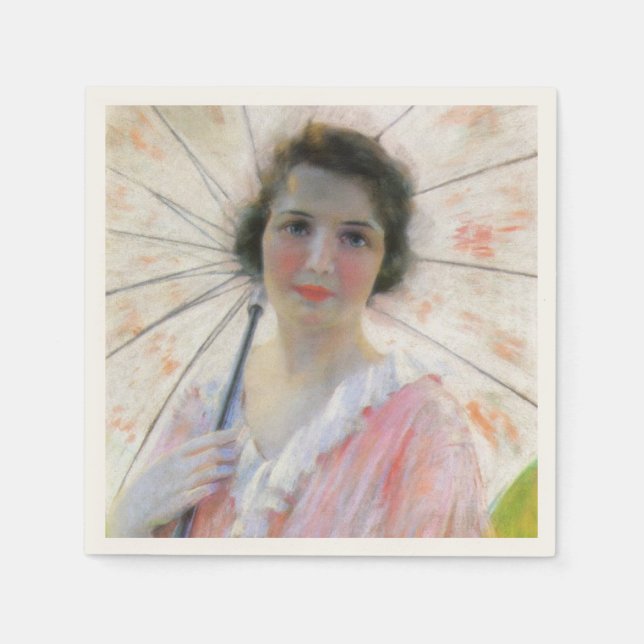 Vacker Dam i en Rosa Dress med parasol Pappersservett (Framsidan)