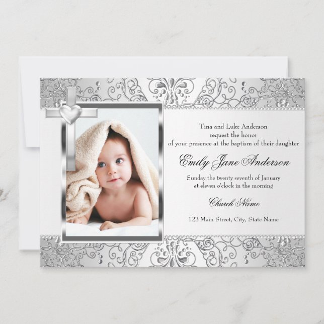 Vacker Damask & Kors Silver Fotografi Dop Inbjudan (Framsida)