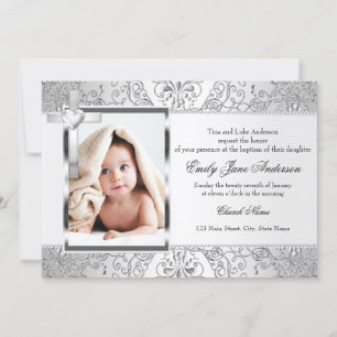 Vacker Damask & Kors Silver Fotografi Dop Inbjudan