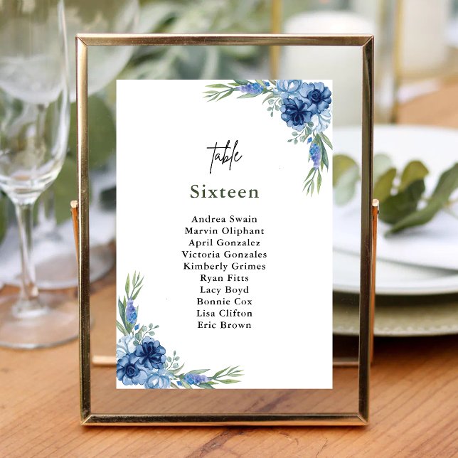 Vacker dammig blå blomklänning för bröllop bordsnummer (Dusty blue floral table number adds romantic charm while guiding guests with ease.)
