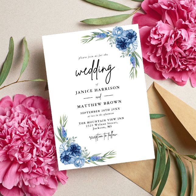 Vacker dammig blå blomklänning för bröllop inbjudningar (Dusty blue floral wedding invitation sets a romantic tone while sharing your special day.)